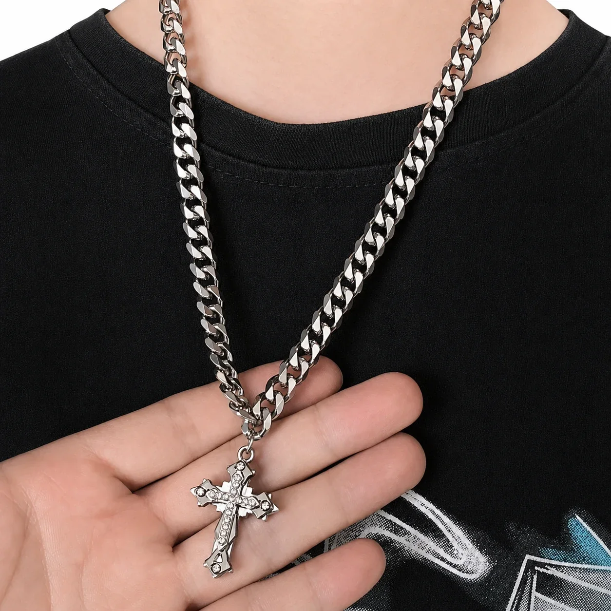 Bold Stainless Steel Cuban Chain Cross Pendant Necklace