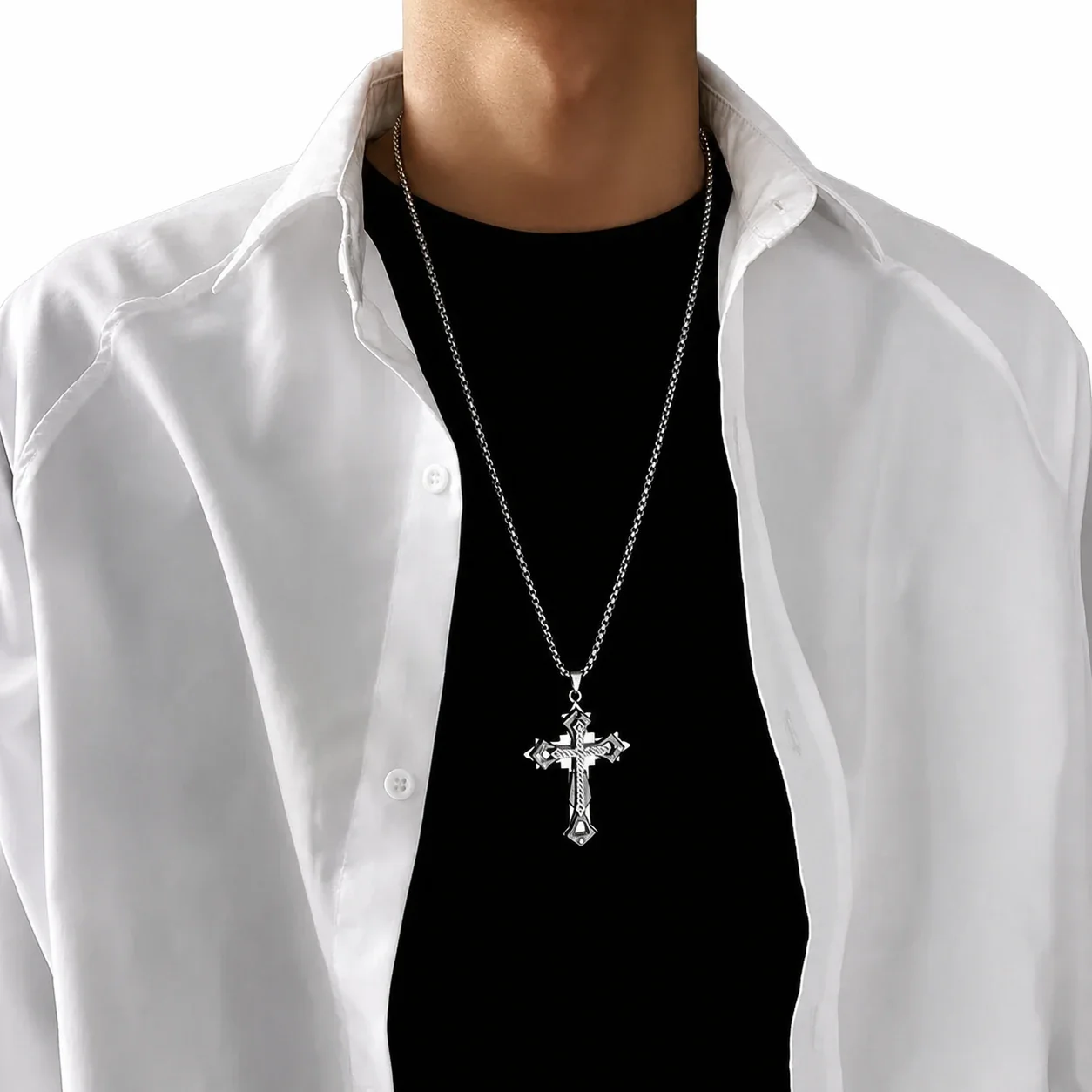 Bold Stainless Steel Cuban Chain Cross Pendant Necklace