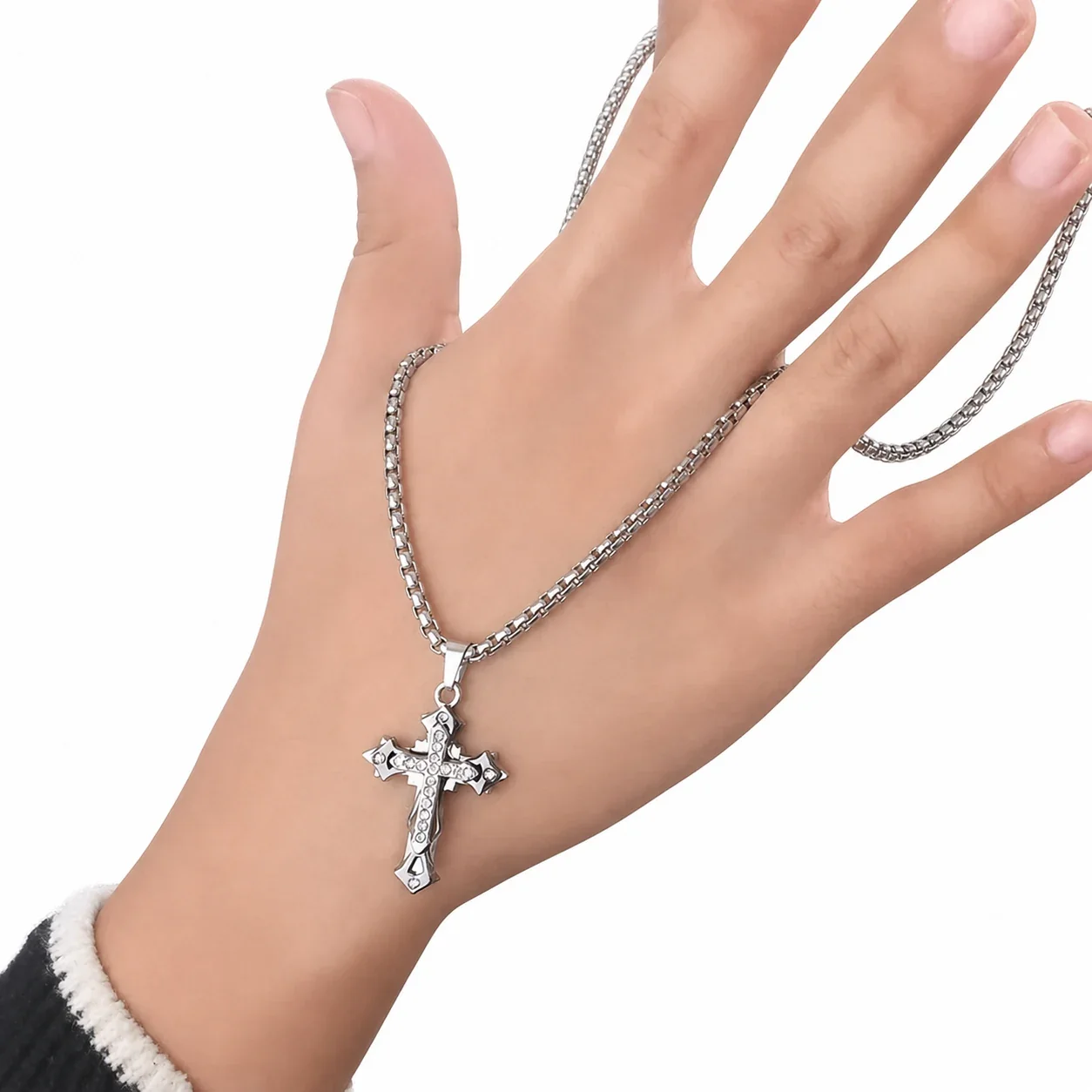 Bold Stainless Steel Cuban Chain Cross Pendant Necklace