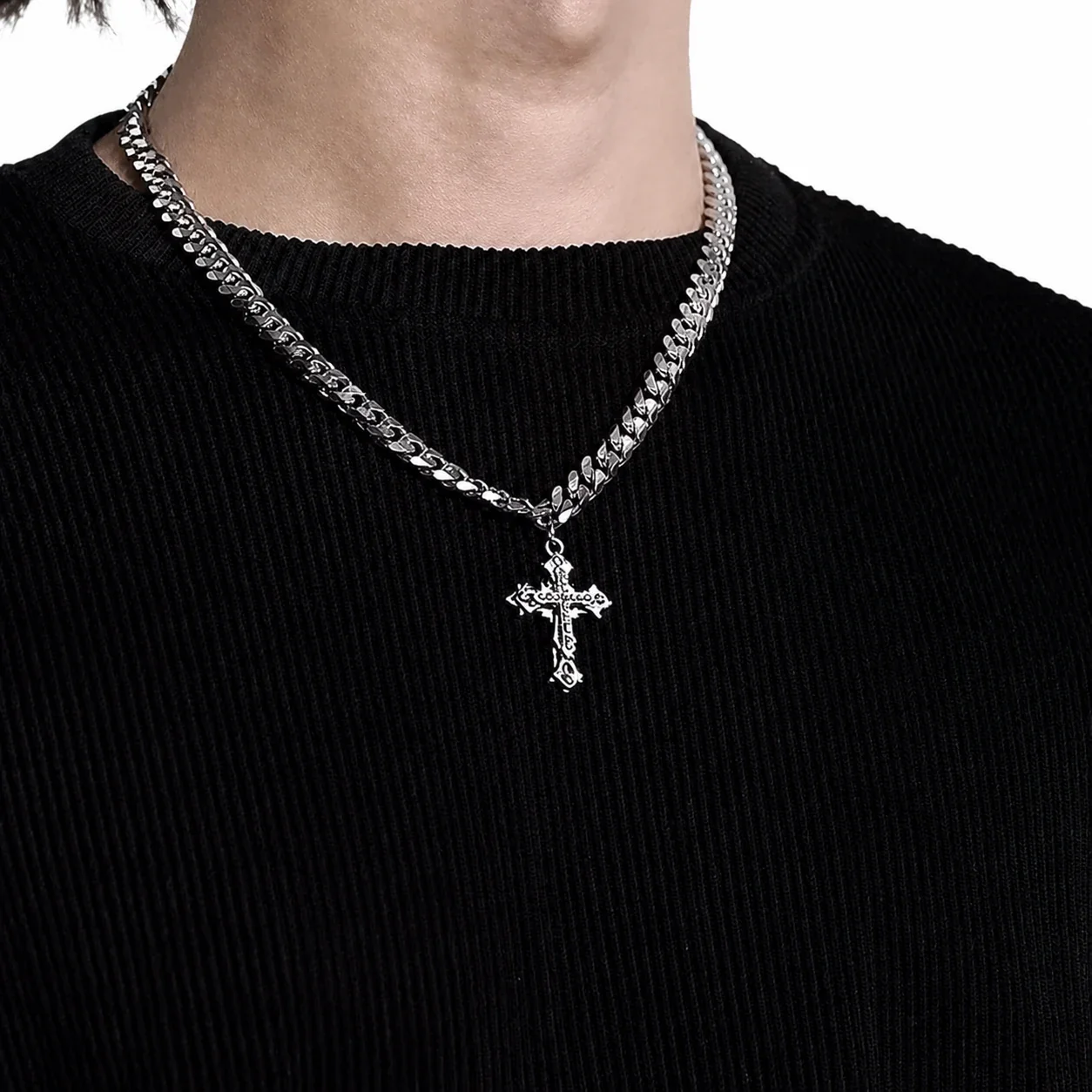 Bold Stainless Steel Cuban Chain Cross Pendant Necklace - Silver Cuban mm cm