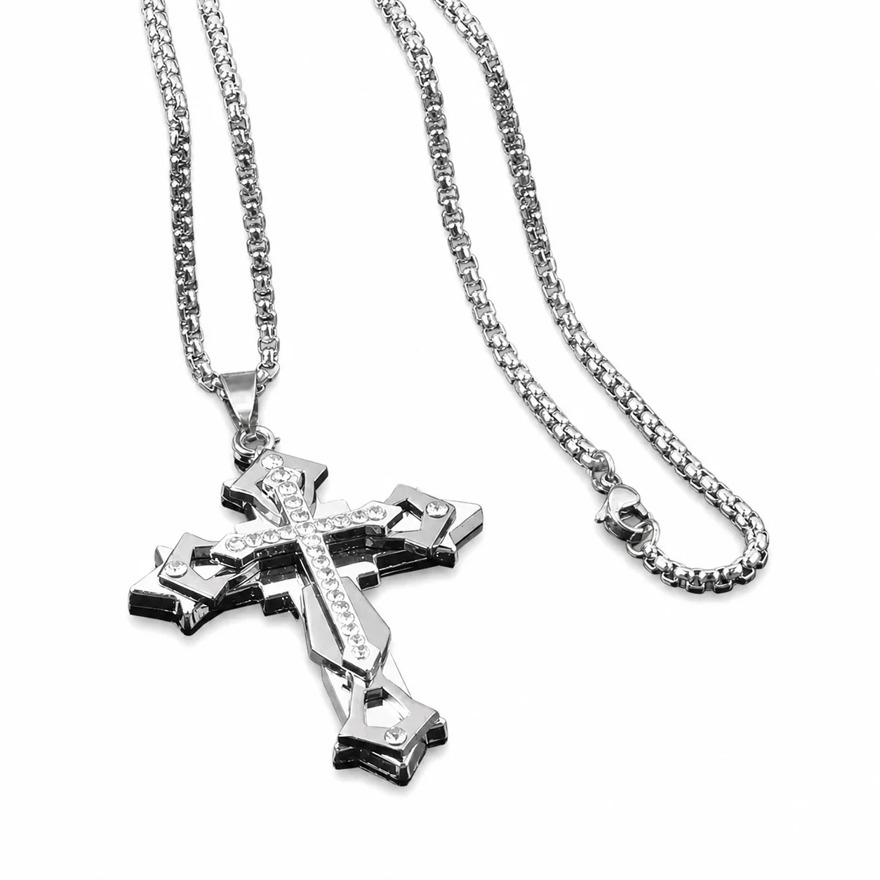 Bold Stainless Steel Cuban Chain Cross Pendant Necklace - Silver Bead cm