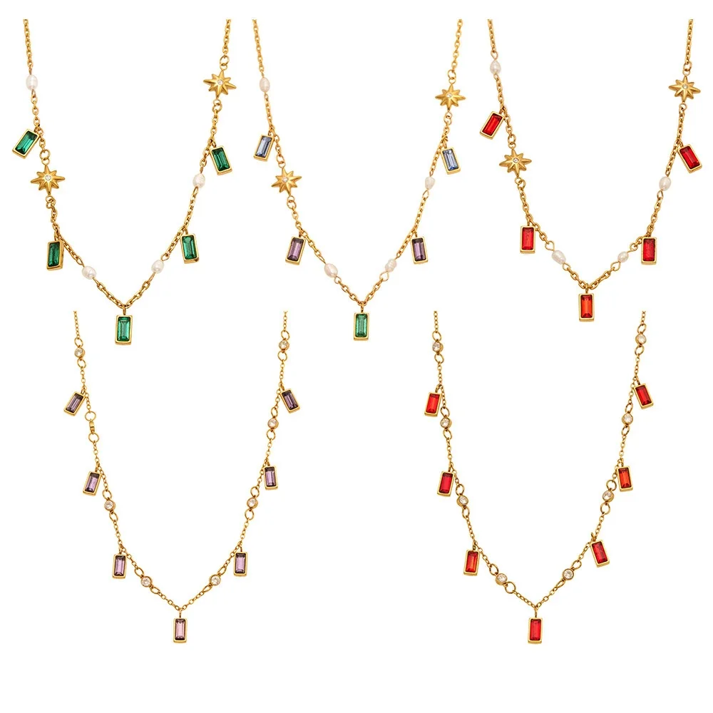 Sunburst 18K Gold PVD 316 Stainless Steel Baguette Charm Necklace