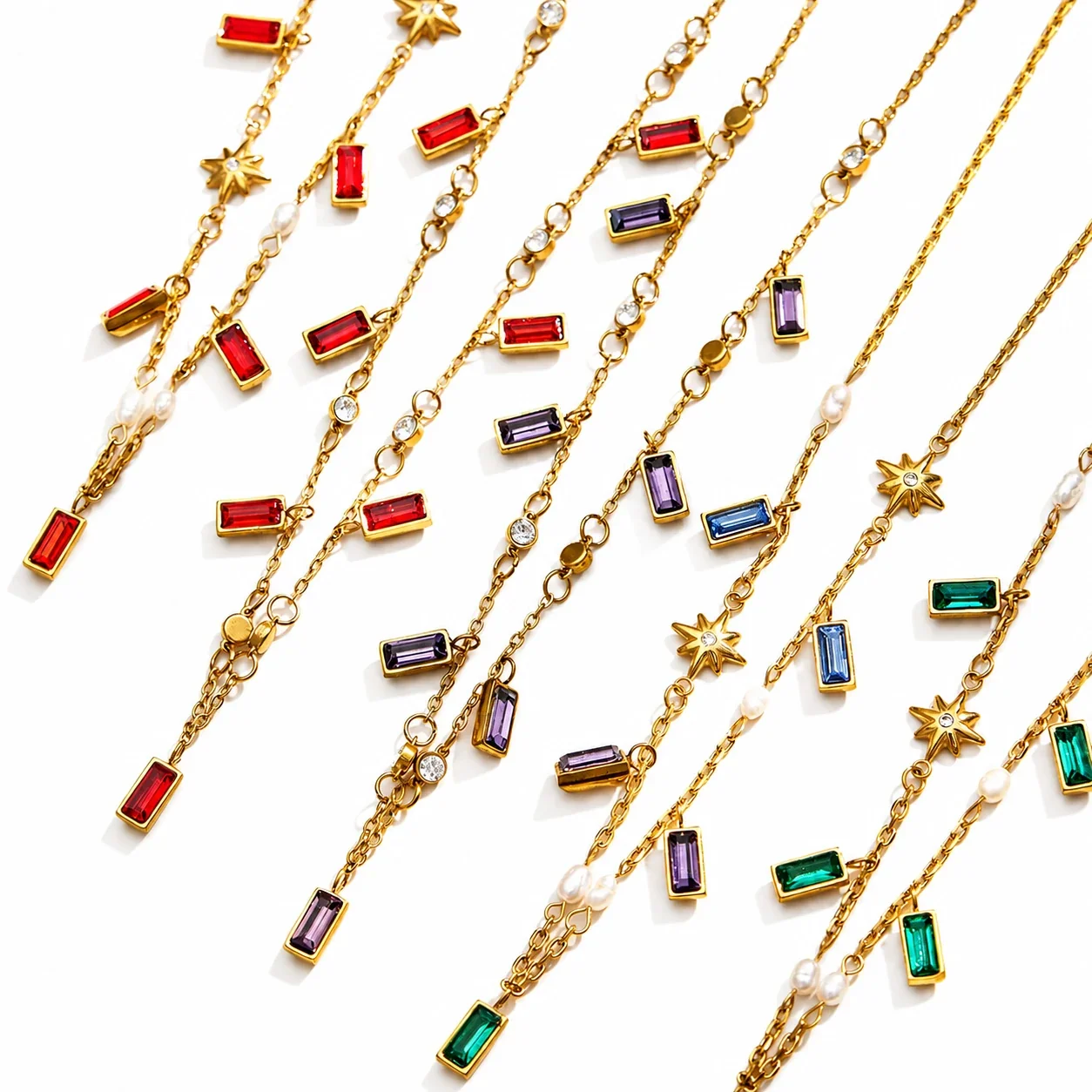 Sunburst 18K Gold PVD 316 Stainless Steel Baguette Charm Necklace