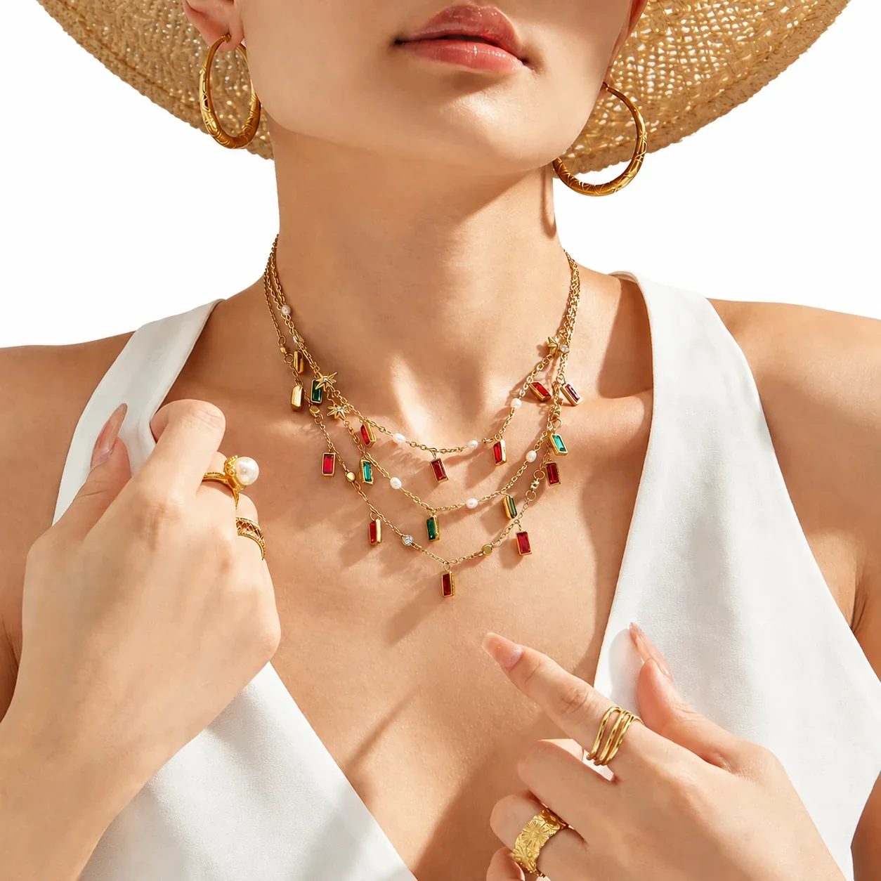 Sunburst 18K Gold PVD 316 Stainless Steel Baguette Charm Necklace