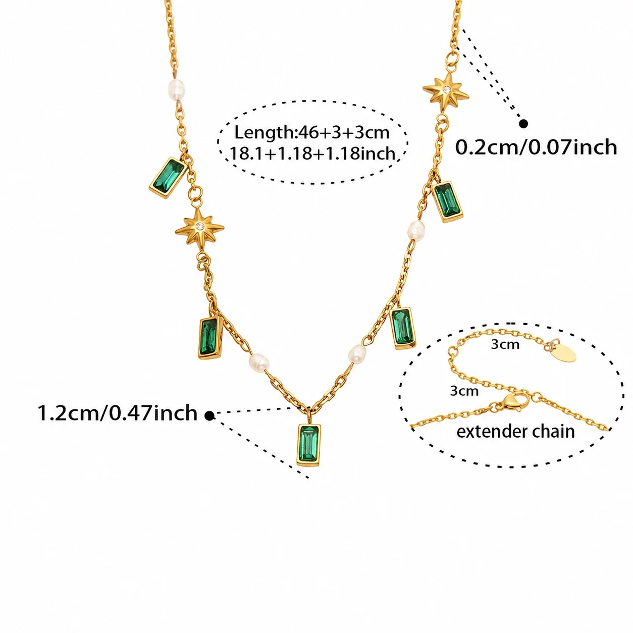 Sunburst 18K Gold PVD 316 Stainless Steel Baguette Charm Necklace - Gold Green Glass & Freshwater Pearl