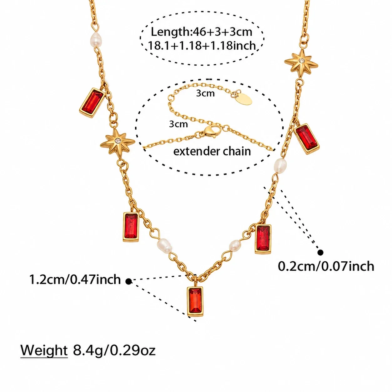 Sunburst 18K Gold PVD 316 Stainless Steel Baguette Charm Necklace - Gold Red Glass & Freshwater Pearl