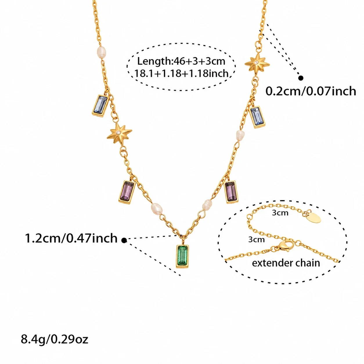 Sunburst 18K Gold PVD 316 Stainless Steel Baguette Charm Necklace - Gold Multicolor Glass & Freshwater Pearl