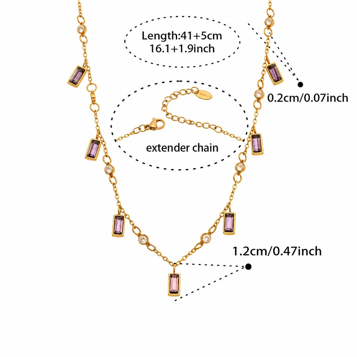 Sunburst 18K Gold PVD 316 Stainless Steel Baguette Charm Necklace - Gold Purple Glass & Cubic Zirconia