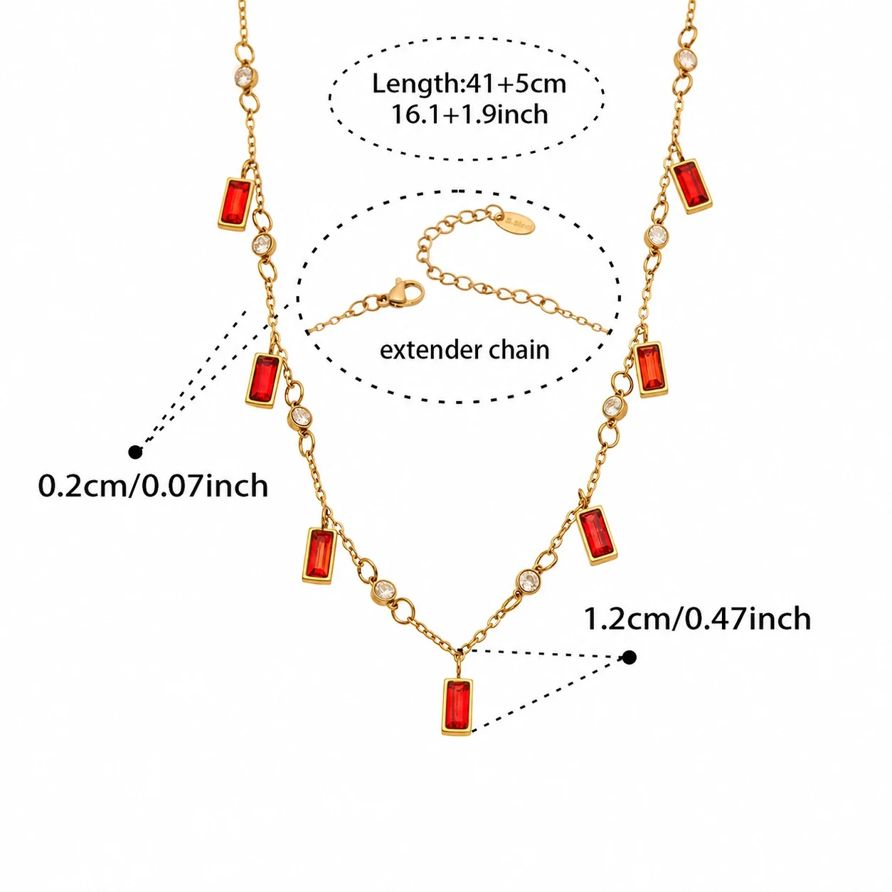 Sunburst 18K Gold PVD 316 Stainless Steel Baguette Charm Necklace - Gold Red Glass & Cubic Zirconia