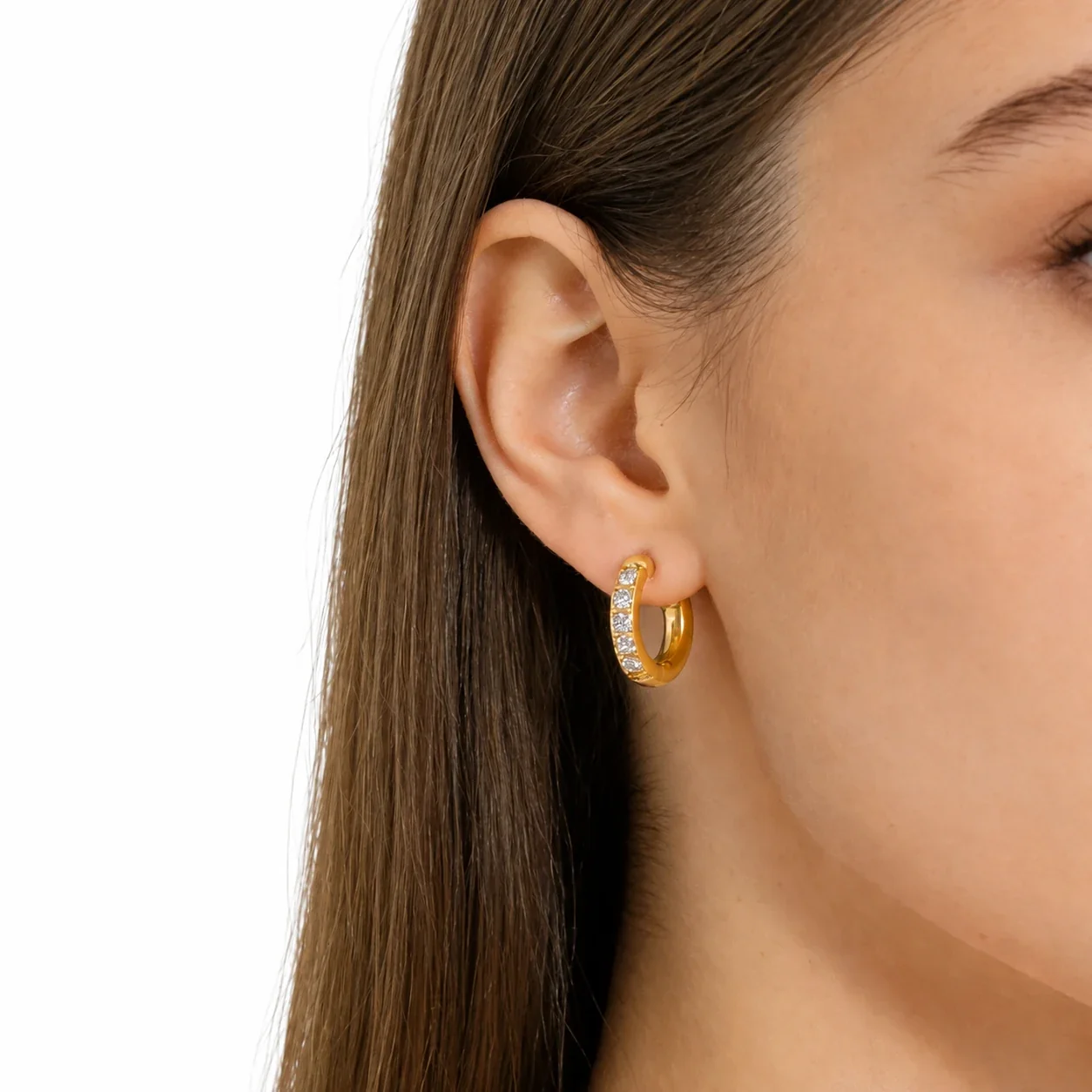Huggie Hoop Earrings with Six Round Crystals, Stainless Steel