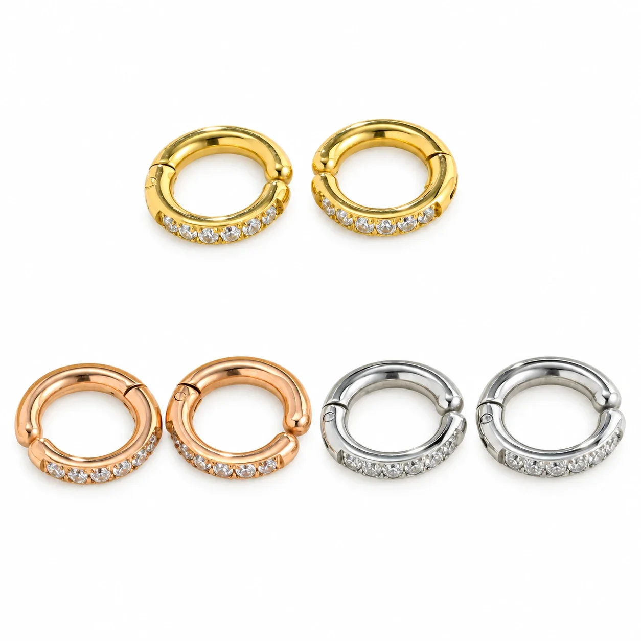 Huggie Hoop Earrings with Six Round Crystals, Stainless Steel