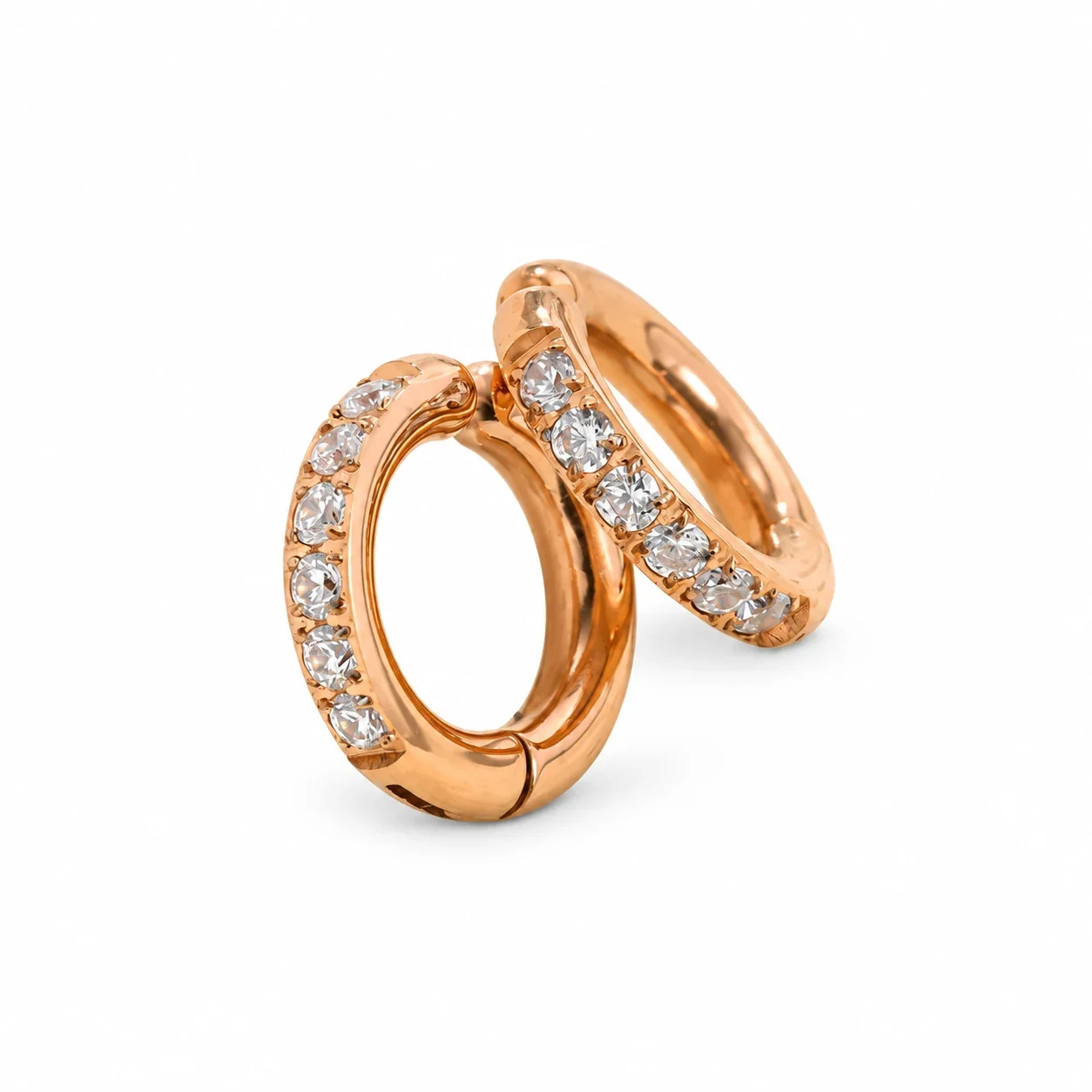 Huggie Hoop Earrings with Six Round Crystals, Stainless Steel - Small 13 mm Rose Gold (outer diameter)