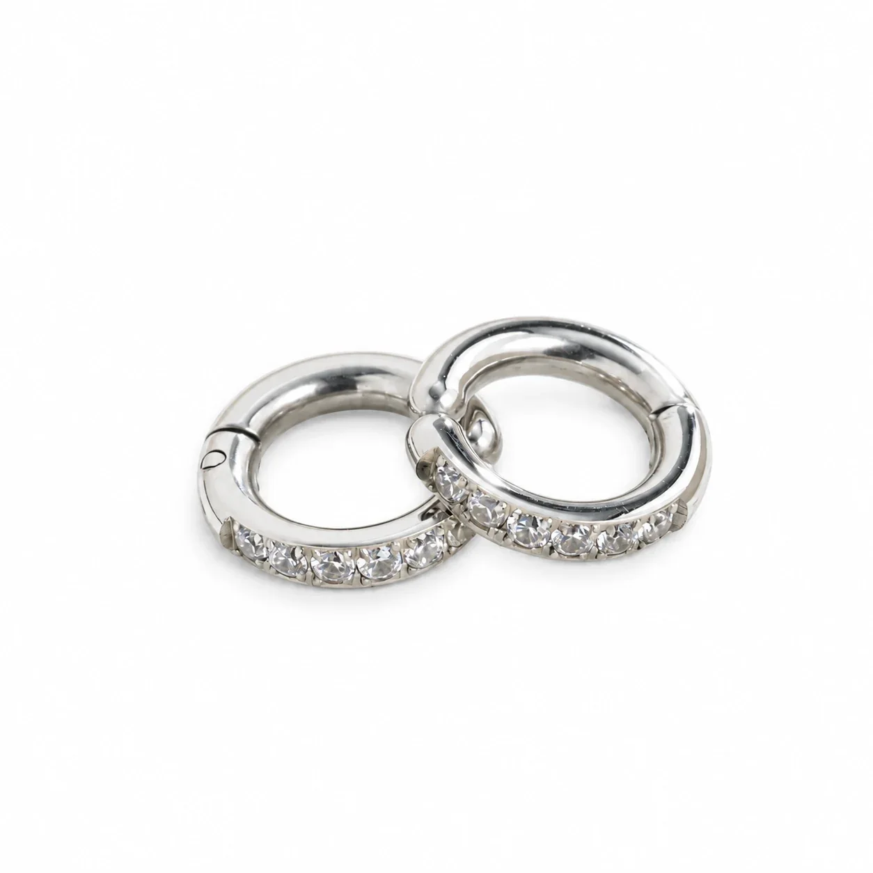 Huggie Hoop Earrings with Six Round Crystals, Stainless Steel - Small 13 mm Silver (outer diameter)