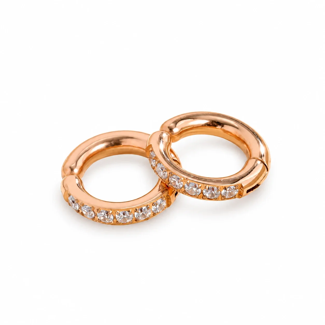 Huggie Hoop Earrings with Six Round Crystals, Stainless Steel - Large 15 mm Rose Gold (outer diameter)