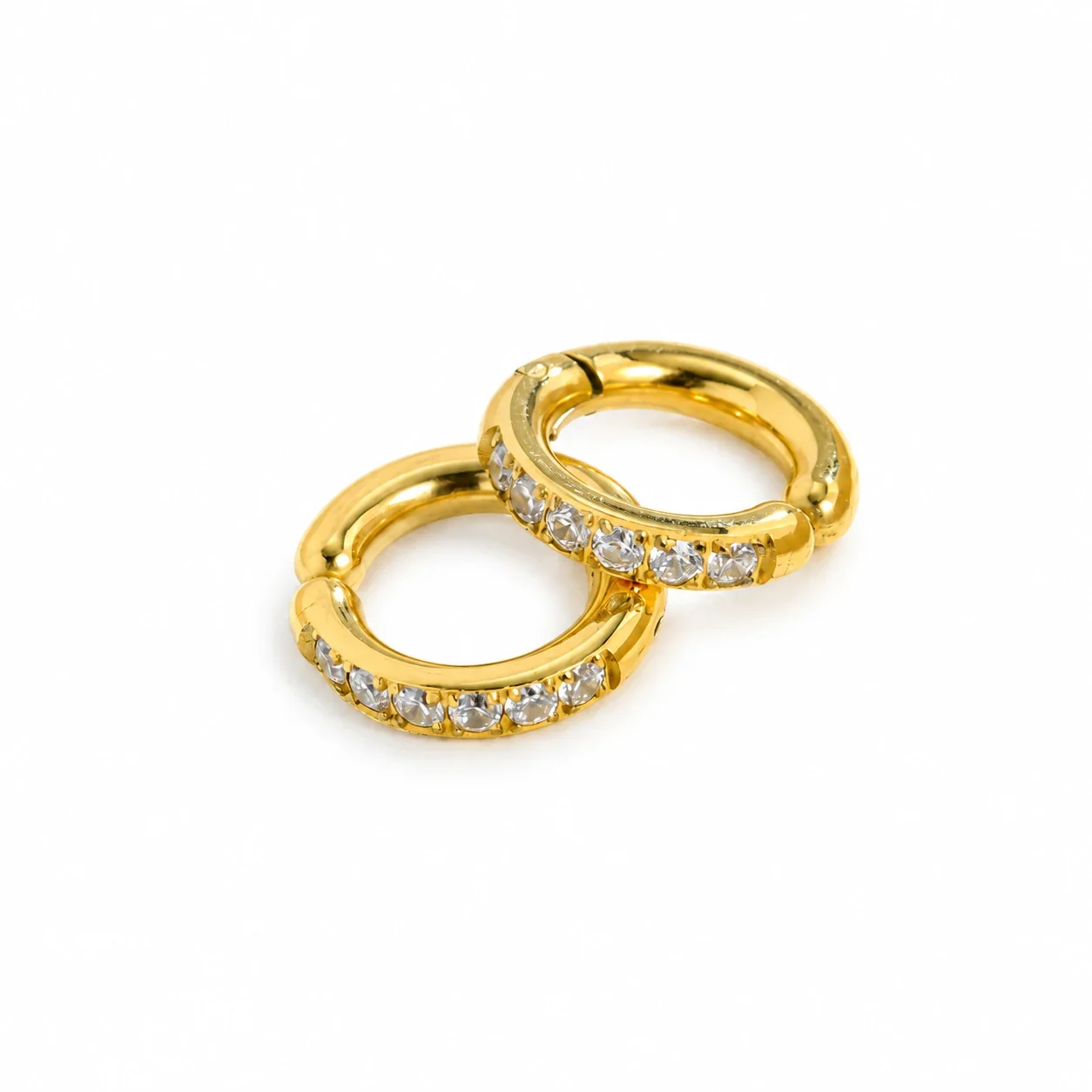 Huggie Hoop Earrings with Six Round Crystals, Stainless Steel - Large 15 mm Gold (outer diameter)