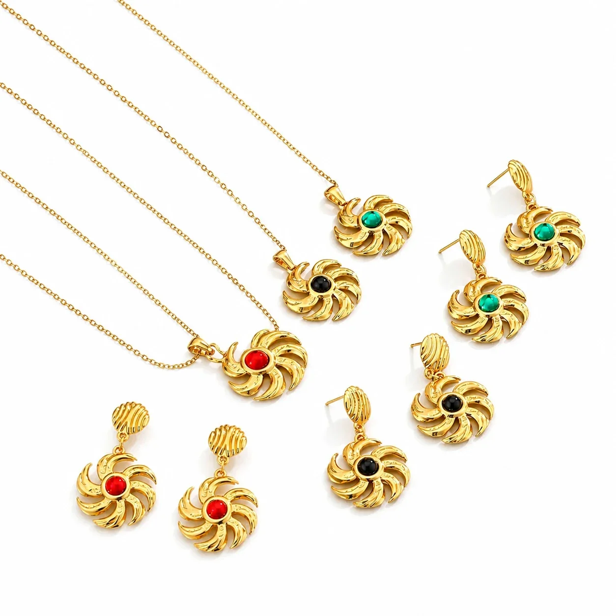 Radiant Gold-Plated Stainless Steel Sun Pinwheel Round CZ Jewelry Set