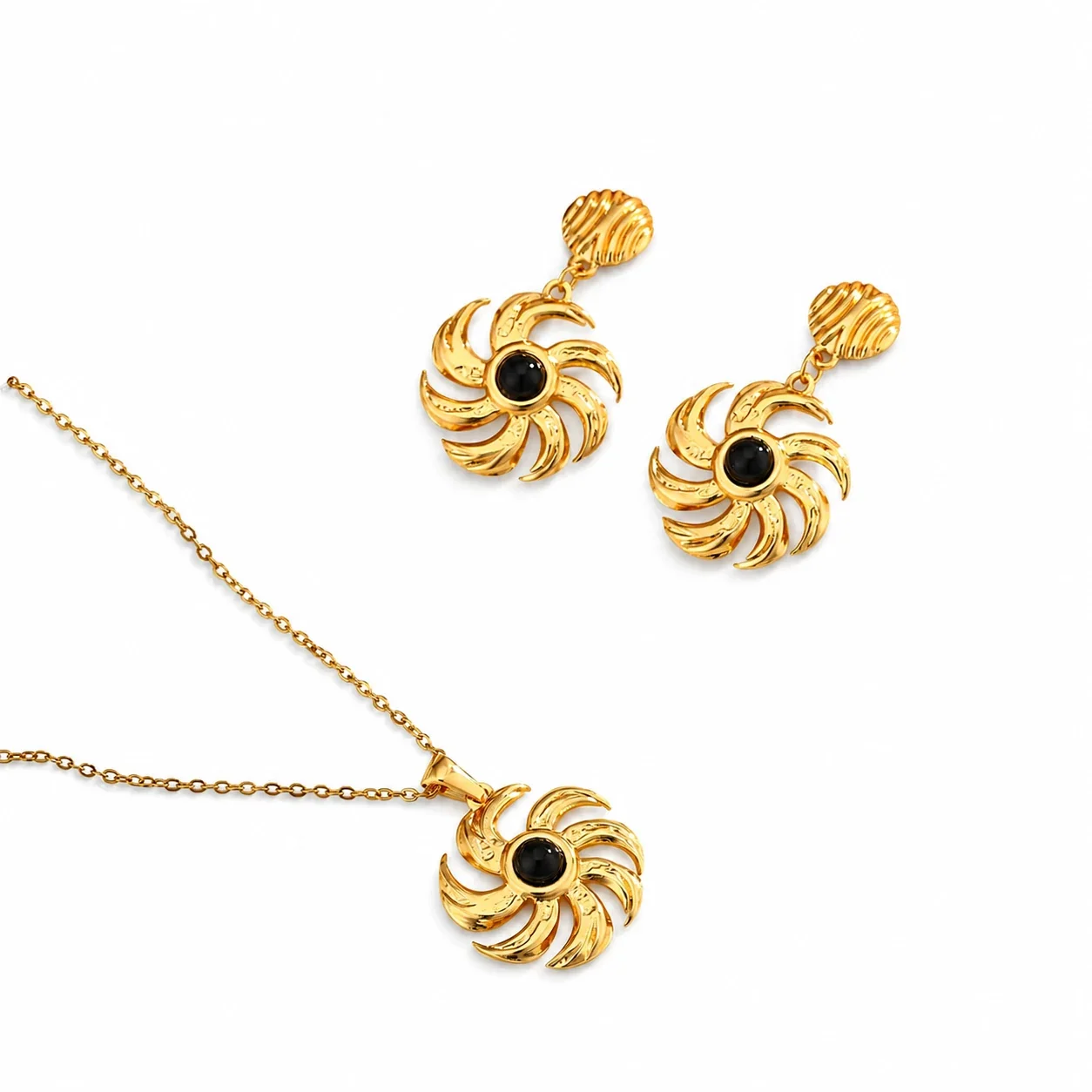Radiant Gold-Plated Stainless Steel Sun Pinwheel Round CZ Jewelry Set
