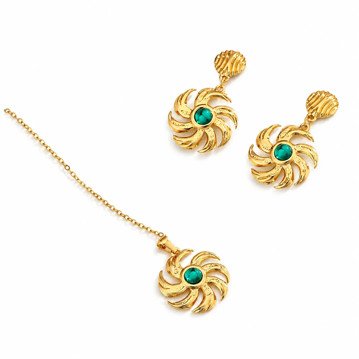 Radiant Gold-Plated Stainless Steel Sun Pinwheel Round CZ Jewelry Set