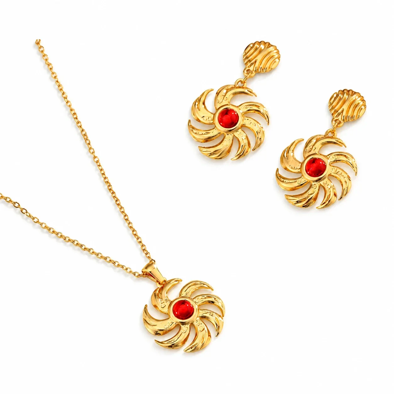 Radiant Gold-Plated Stainless Steel Sun Pinwheel Round CZ Jewelry Set - Gold Red CZ Sun Pinwheel