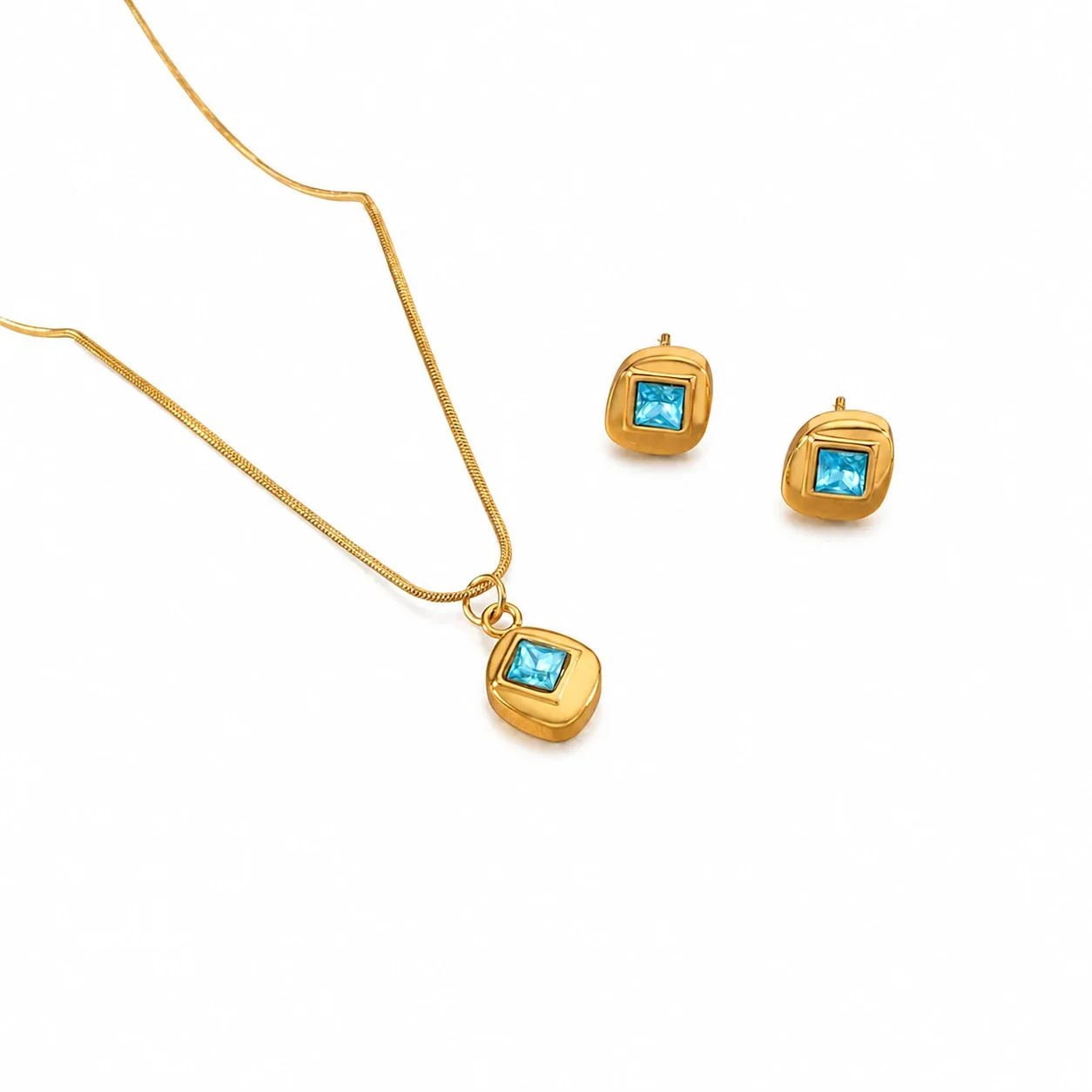 Radiant Gold-Plated Stainless Steel Sun Pinwheel Round CZ Jewelry Set - Gold Blue CZ Square Stone