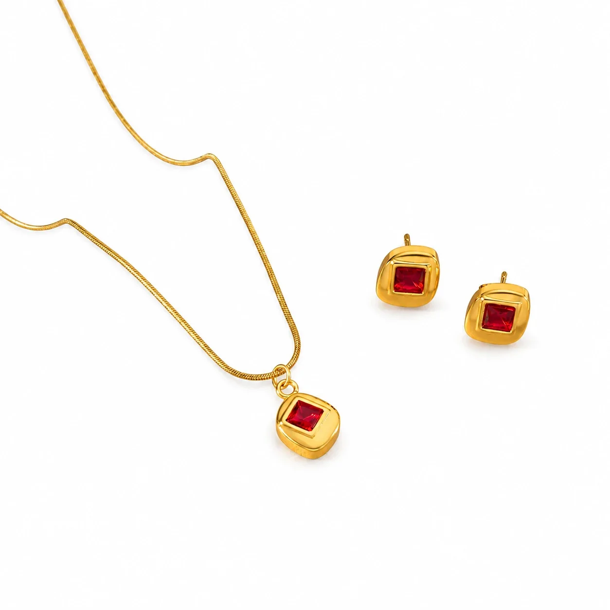 Radiant Gold-Plated Stainless Steel Sun Pinwheel Round CZ Jewelry Set - Gold Red CZ Square Stone