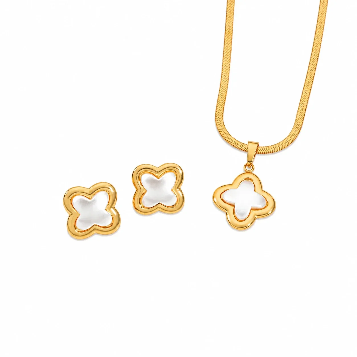 Radiant Gold-Plated Stainless Steel Sun Pinwheel Round CZ Jewelry Set - Gold Clover