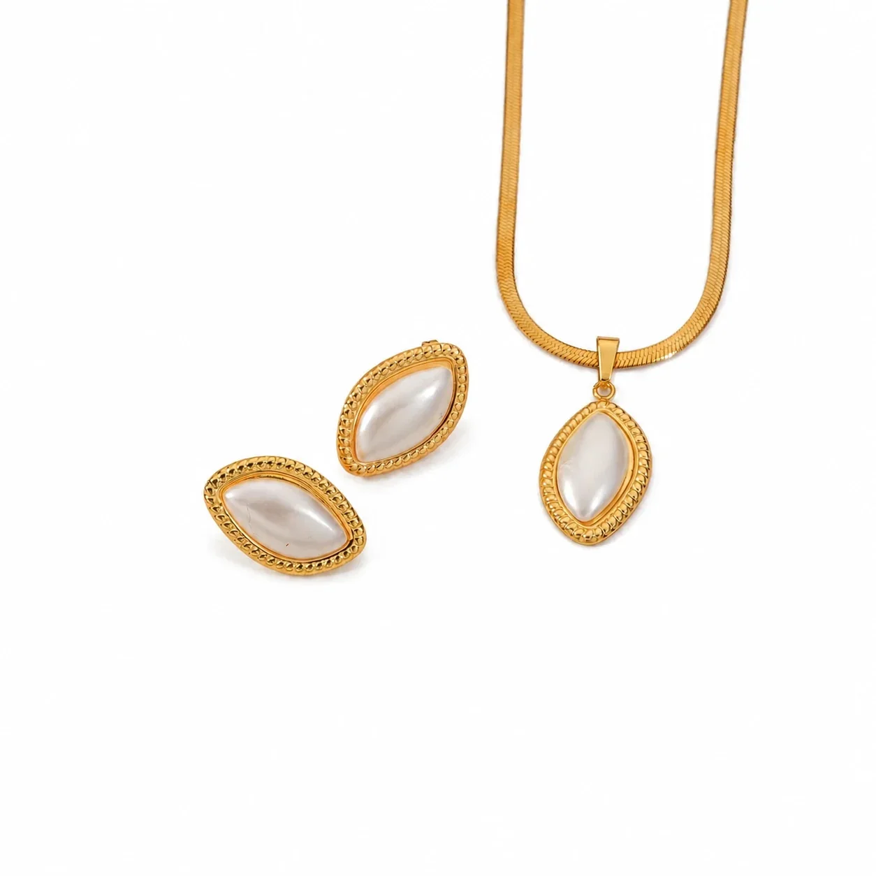 Radiant Gold-Plated Stainless Steel Sun Pinwheel Round CZ Jewelry Set - Gold Marquise Pearl