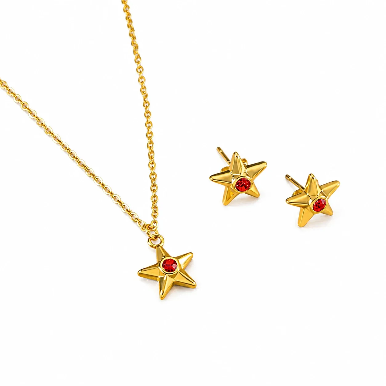 Radiant Gold-Plated Stainless Steel Sun Pinwheel Round CZ Jewelry Set - Gold Red CZ Star