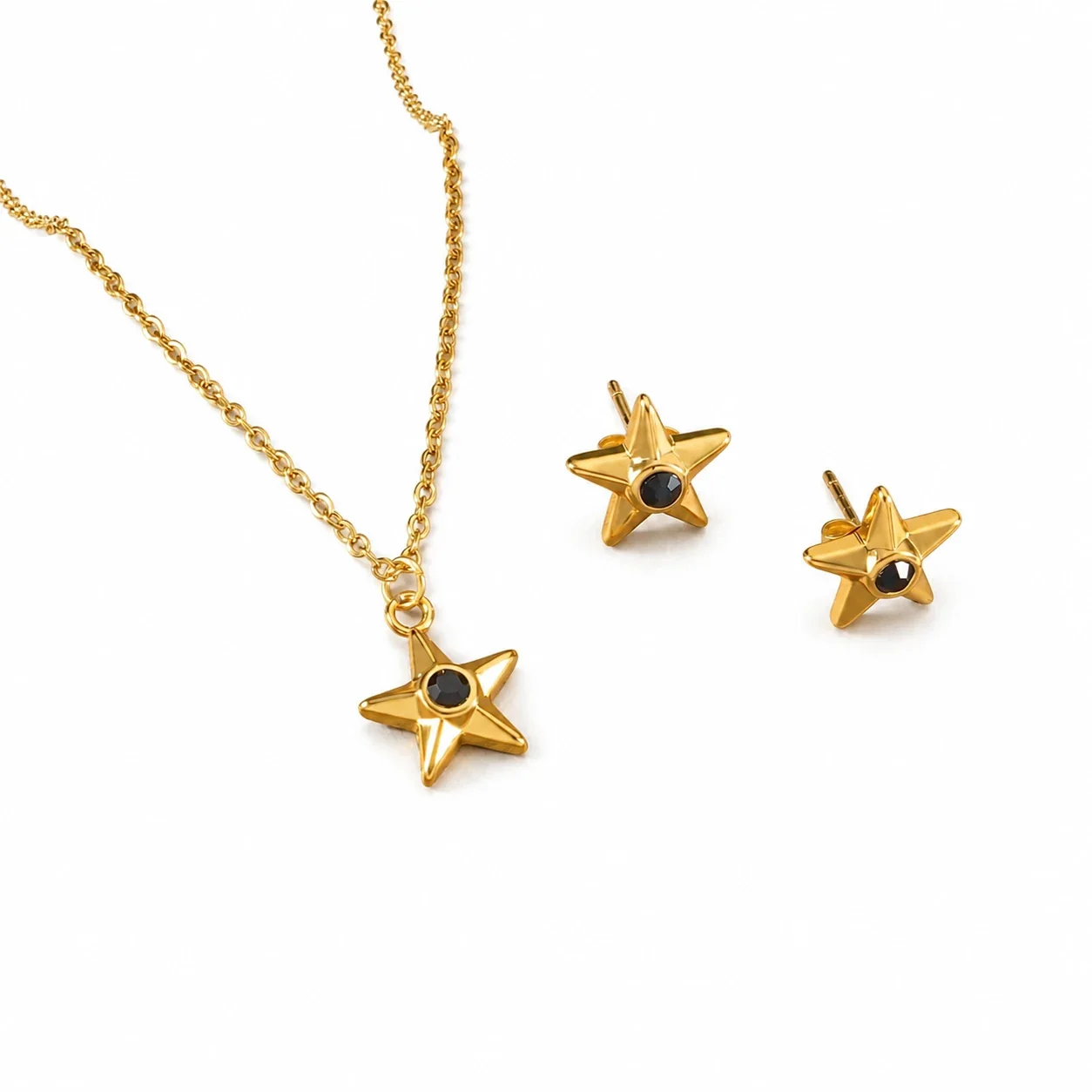 Radiant Gold-Plated Stainless Steel Sun Pinwheel Round CZ Jewelry Set - Gold Black CZ Star