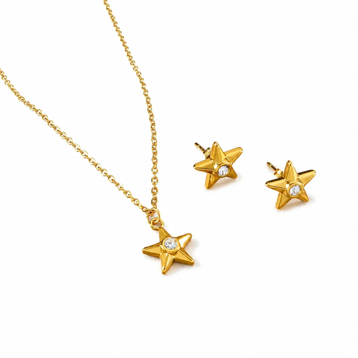 Radiant Gold-Plated Stainless Steel Sun Pinwheel Round CZ Jewelry Set - Gold Clear CZ Star