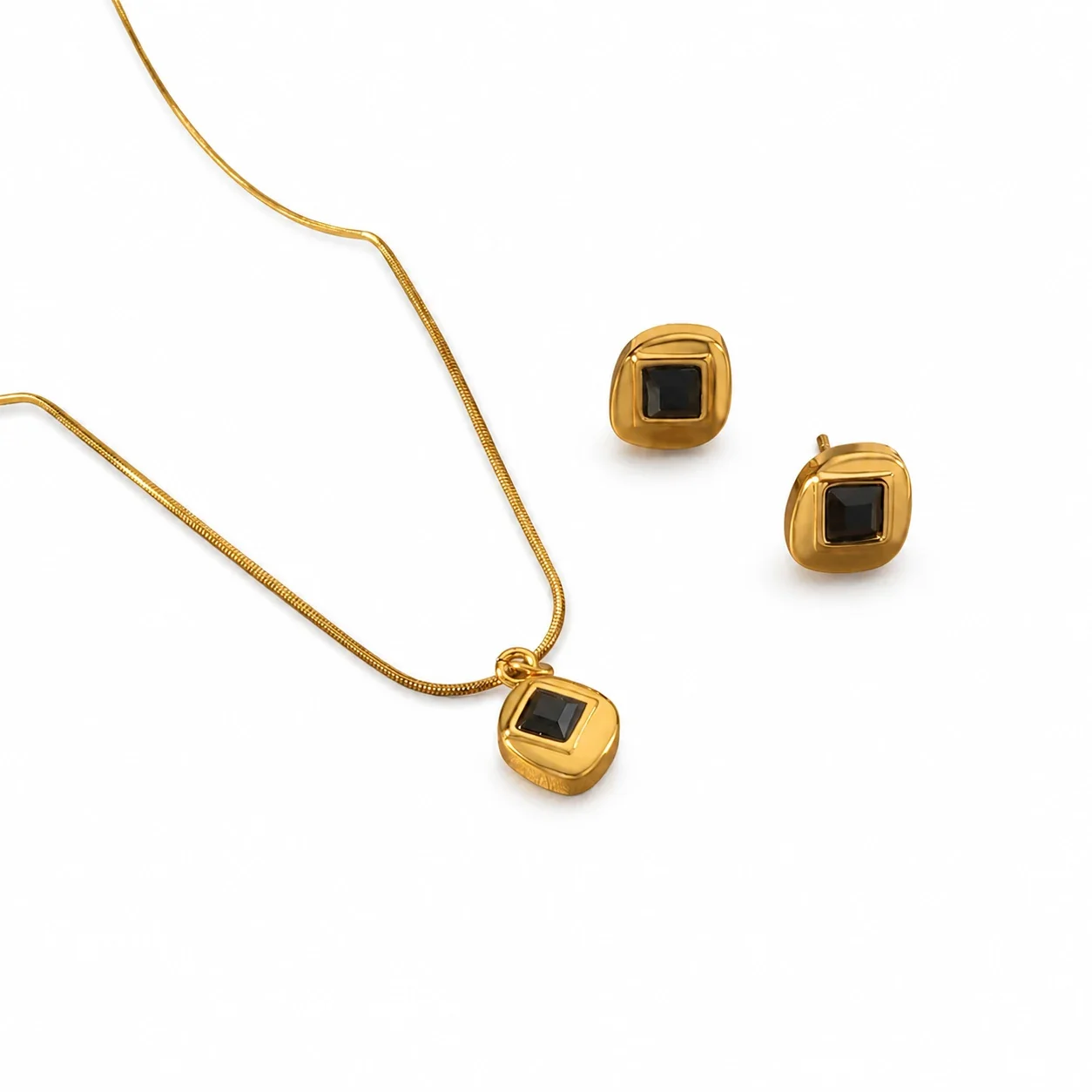 Radiant Gold-Plated Stainless Steel Sun Pinwheel Round CZ Jewelry Set - Gold Black CZ Square Stone