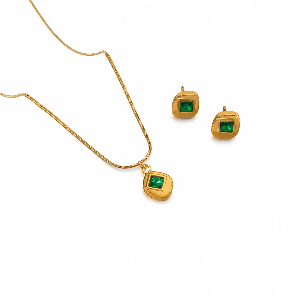 Radiant Gold-Plated Stainless Steel Sun Pinwheel Round CZ Jewelry Set - Gold Green CZ Square Stone