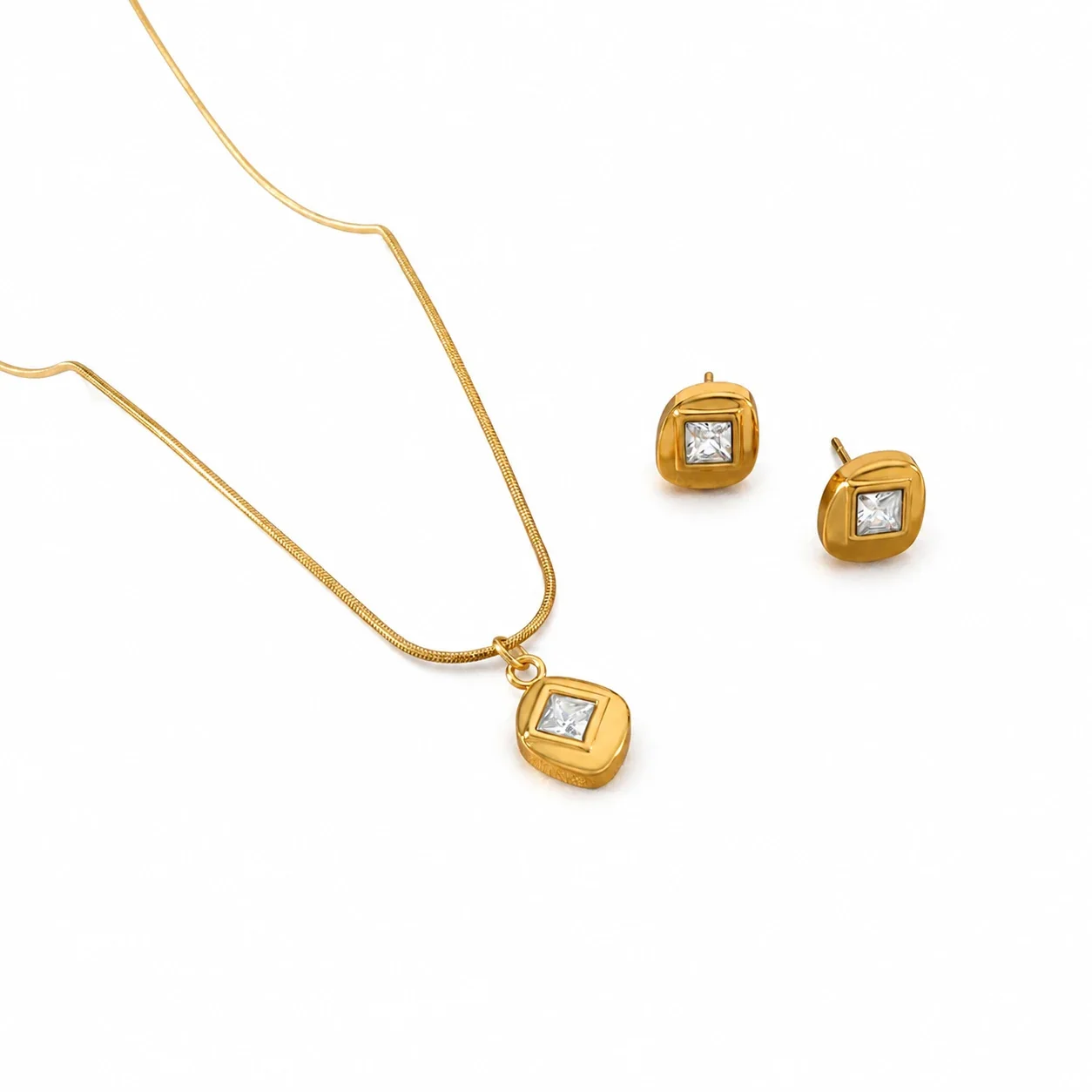 Radiant Gold-Plated Stainless Steel Sun Pinwheel Round CZ Jewelry Set - Gold Clear CZ Square Stone