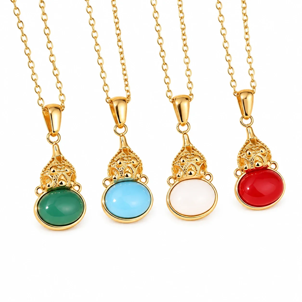 Gourd Pendant Necklace, Oval Crystal, Gold-Plated Stainless Steel