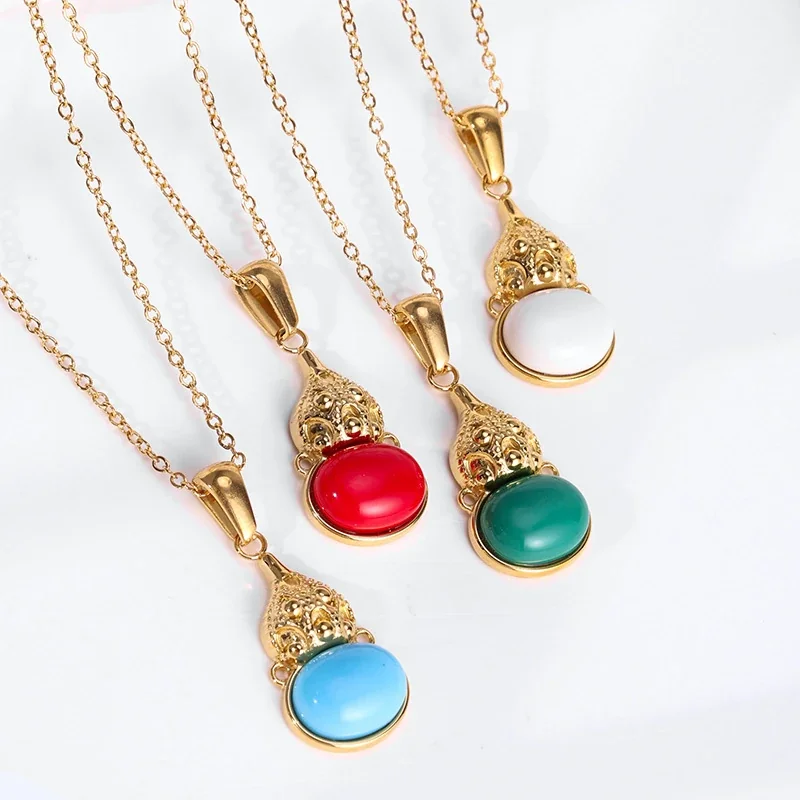 Gourd Pendant Necklace, Oval Crystal, Gold-Plated Stainless Steel