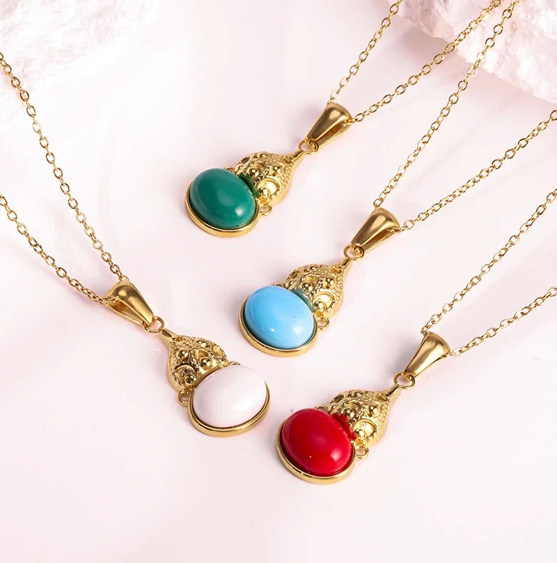 Gourd Pendant Necklace, Oval Crystal, Gold-Plated Stainless Steel