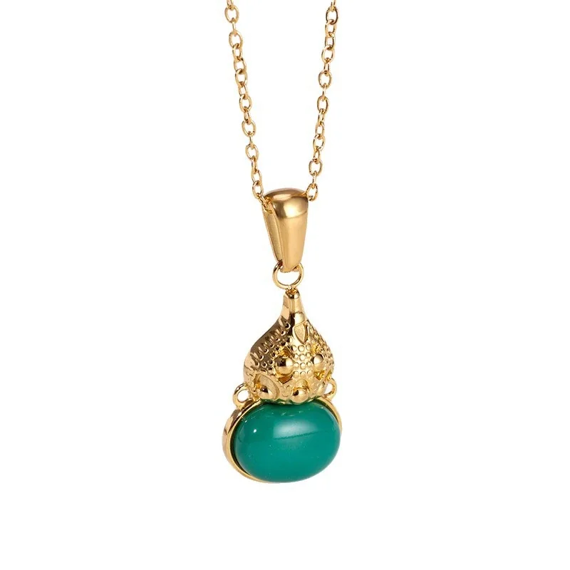 Gourd Pendant Necklace, Oval Crystal, Gold-Plated Stainless Steel