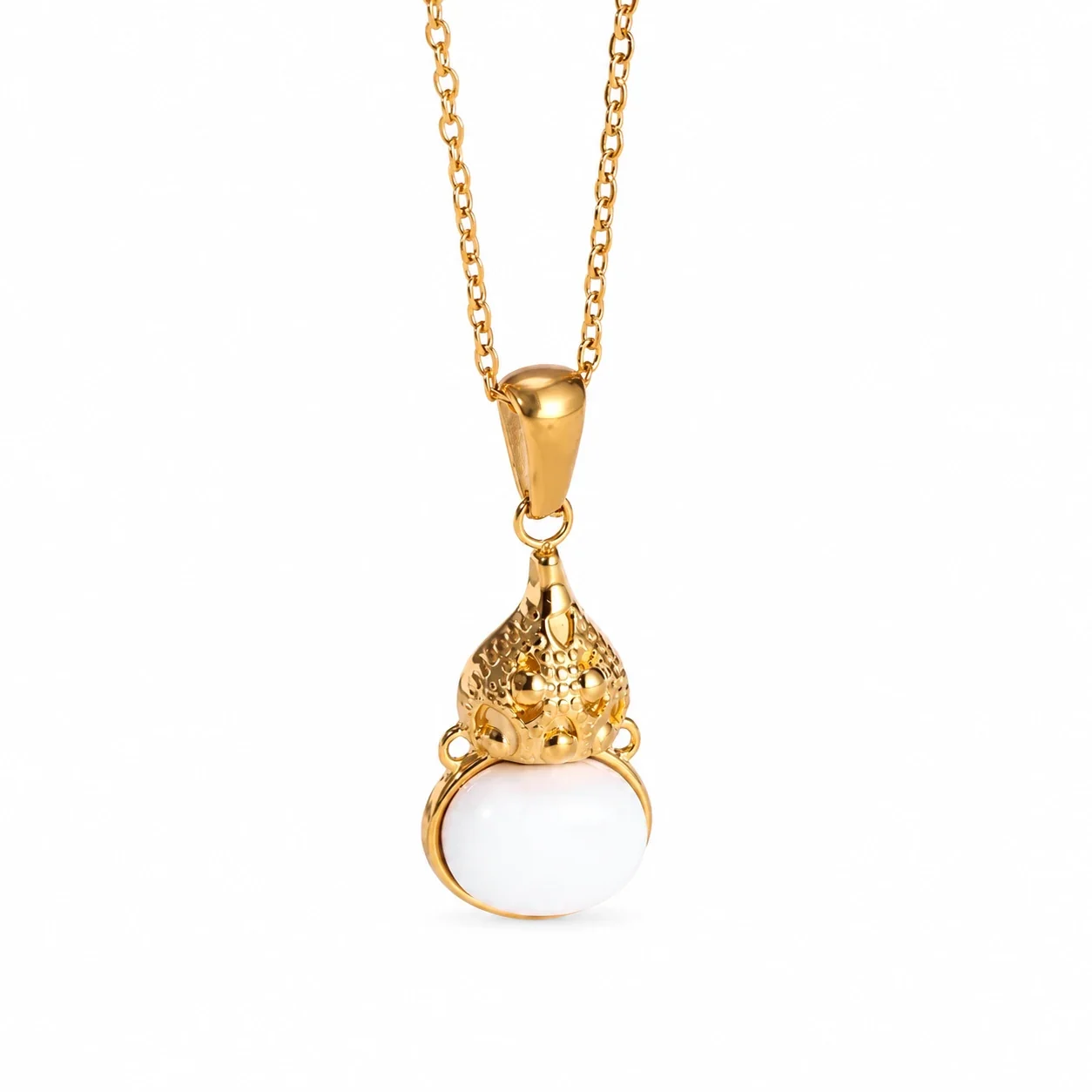 Gourd Pendant Necklace, Oval Crystal, Gold-Plated Stainless Steel - White