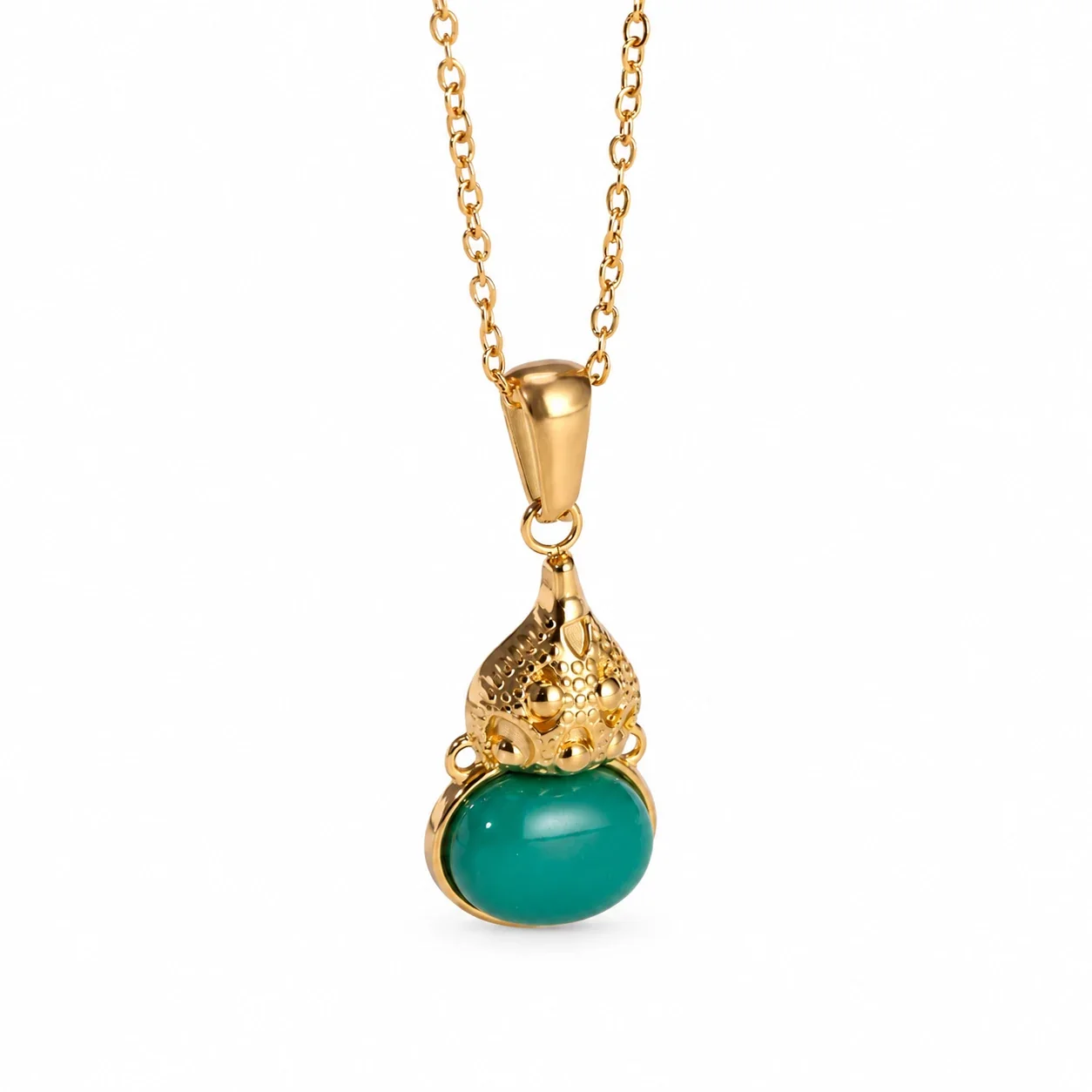 Gourd Pendant Necklace, Oval Crystal, Gold-Plated Stainless Steel - Green