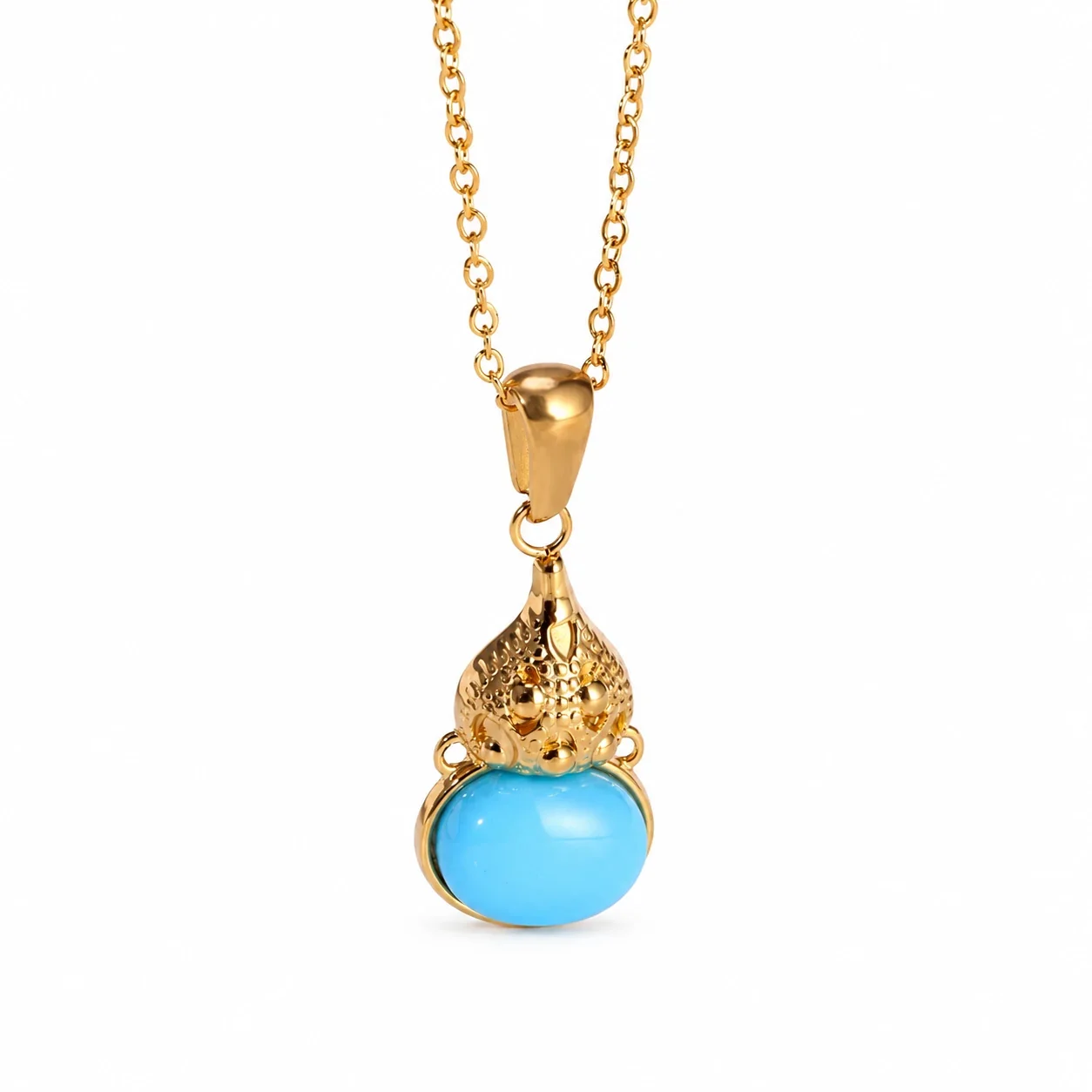 Gourd Pendant Necklace, Oval Crystal, Gold-Plated Stainless Steel - Blue