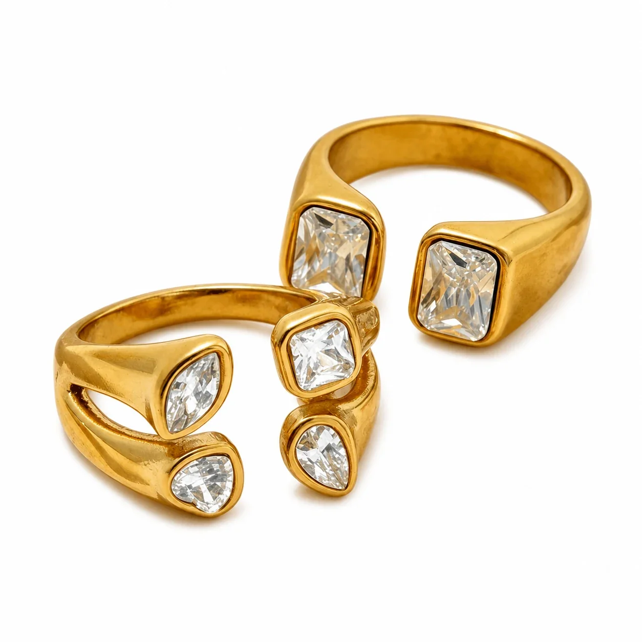 Sculptural Gold-Plated 316 Stainless Steel Mixed-Cut CZ Open Ring