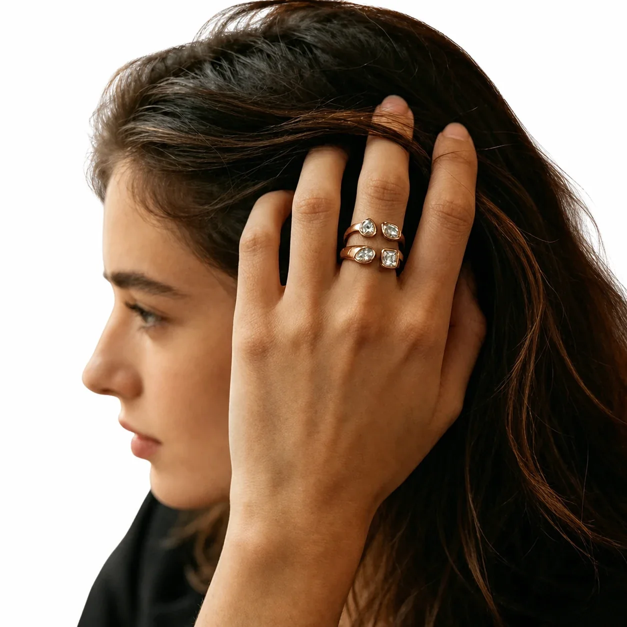 Sculptural Gold-Plated 316 Stainless Steel Mixed-Cut CZ Open Ring