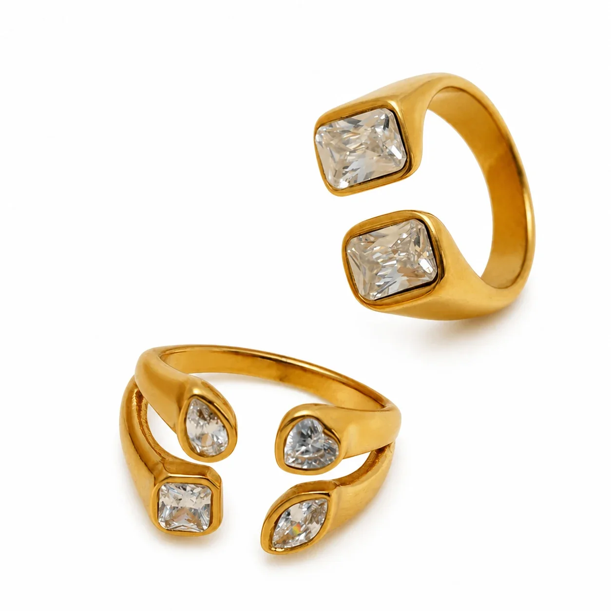 Sculptural Gold-Plated 316 Stainless Steel Mixed-Cut CZ Open Ring