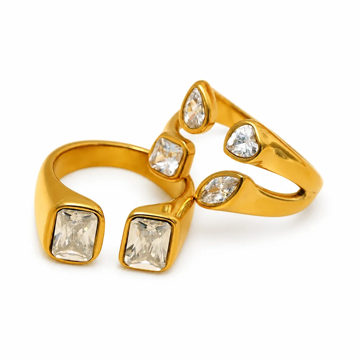 Sculptural Gold-Plated 316 Stainless Steel Mixed-Cut CZ Open Ring