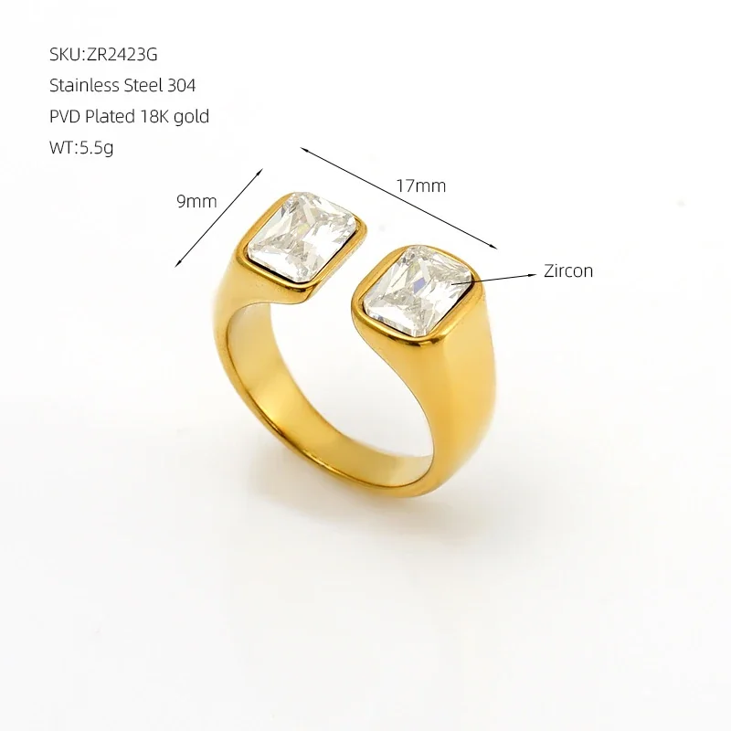 Sculptural Gold-Plated 316 Stainless Steel Mixed-Cut CZ Open Ring - Gold Square CZ