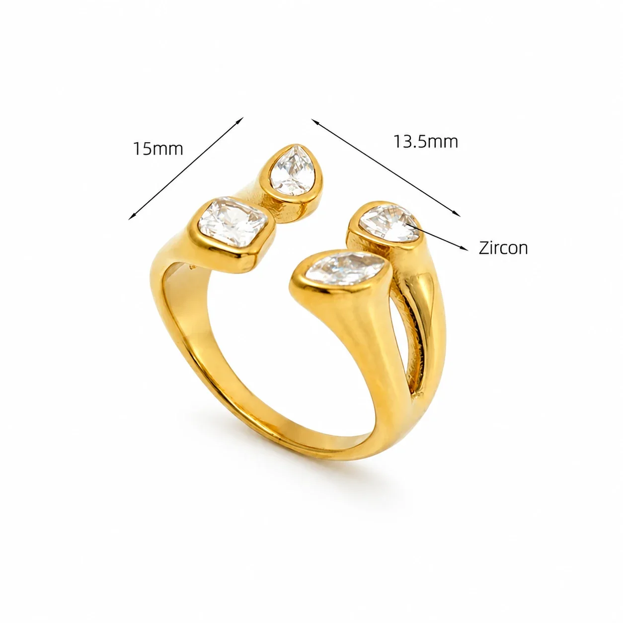 Sculptural Gold-Plated 316 Stainless Steel Mixed-Cut CZ Open Ring - Gold Pear CZ