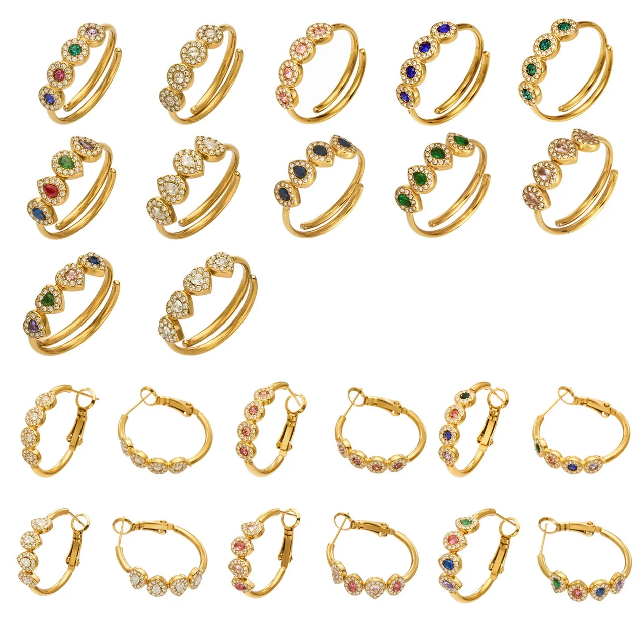 Jewelry Set, Heart Halo CZ Ring & Hoops, 18K Gold PVD Steel