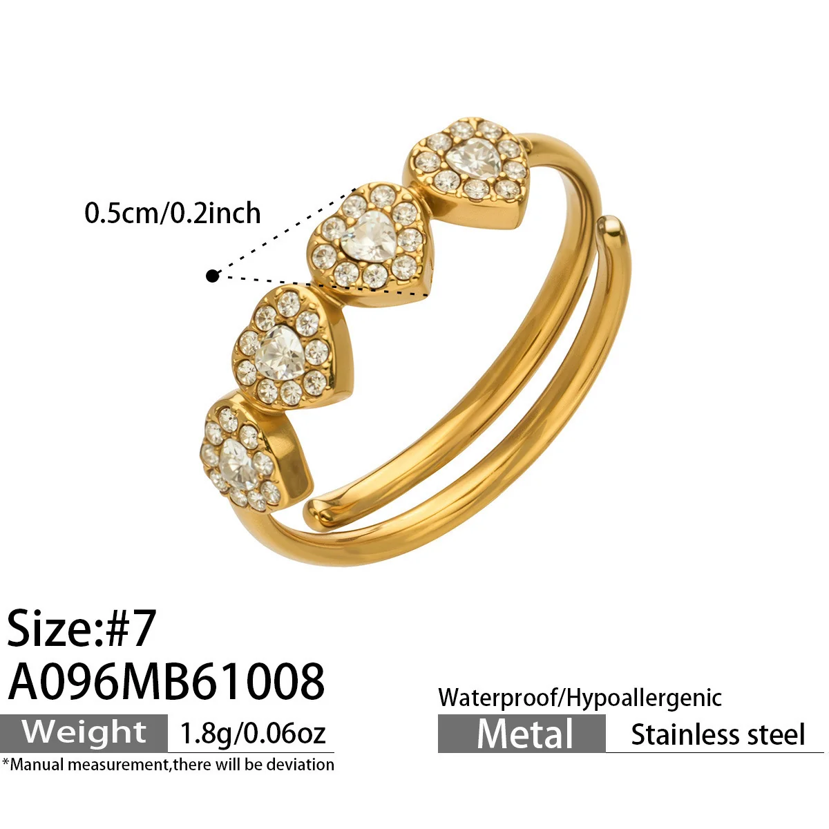 Foto del producto: Set de joyería, anillo halo de corazón y aros, acero con PVD de oro de 18K