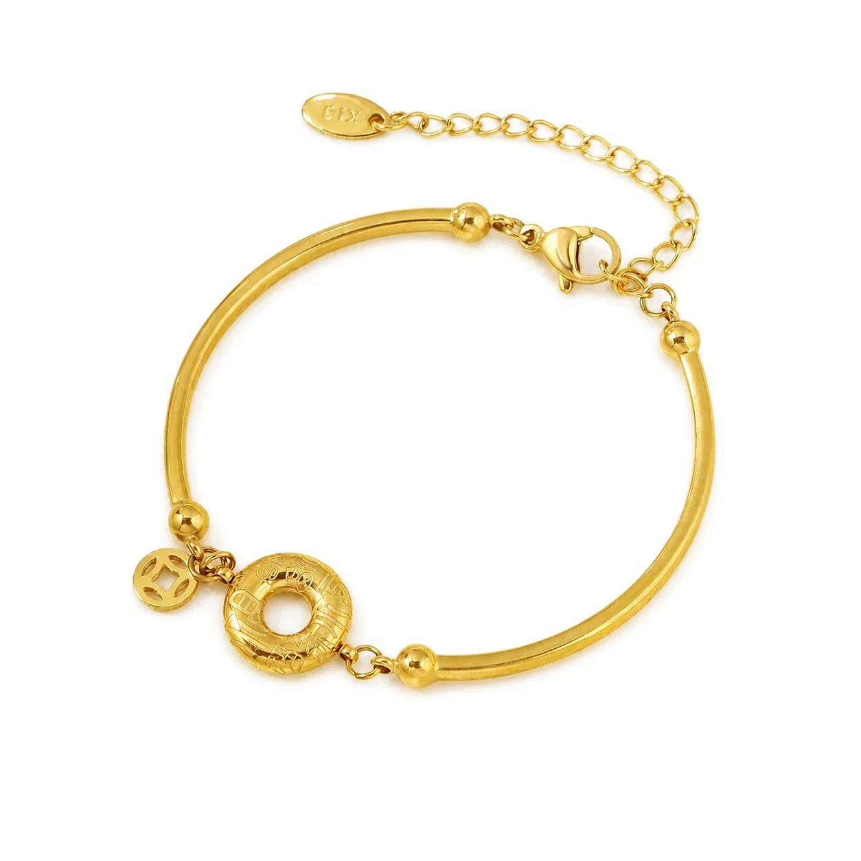 Refined Gold-Plated Tubular Ring Charm Chain Bracelet