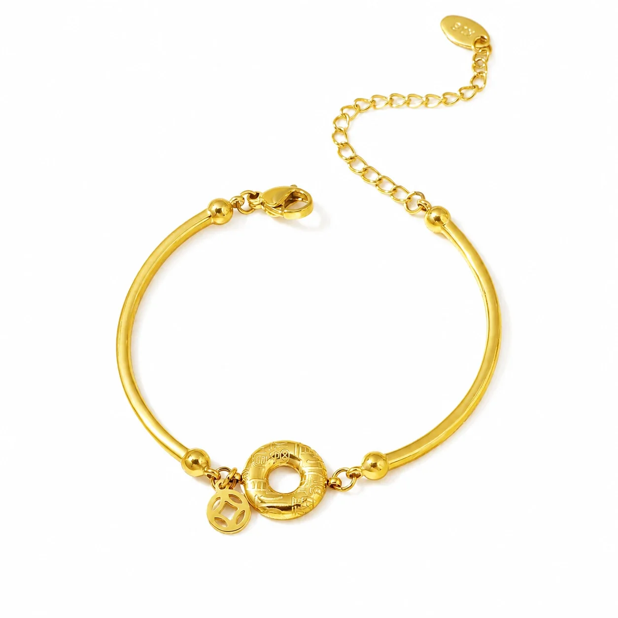 Refined Gold-Plated Tubular Ring Charm Chain Bracelet